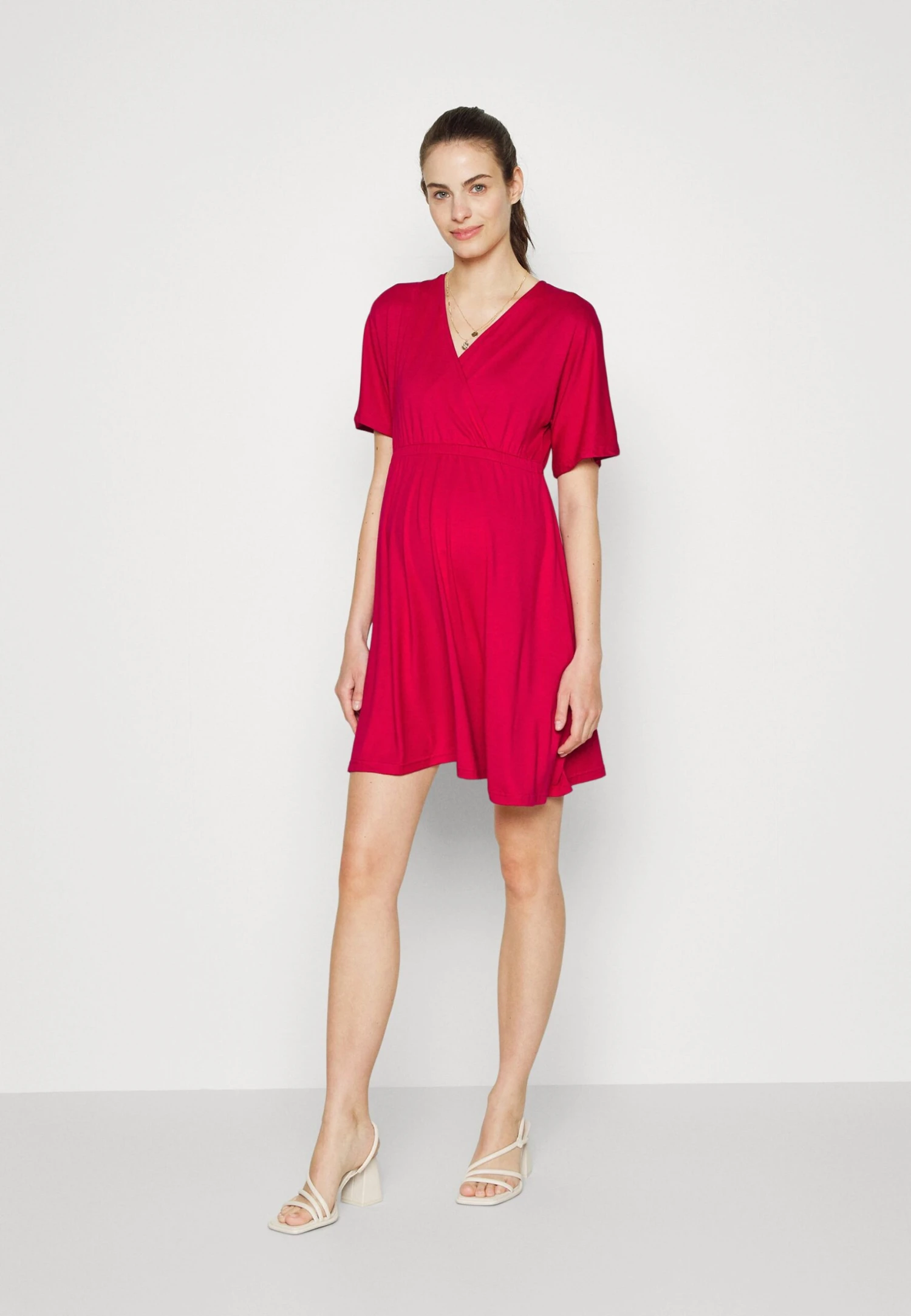 SHORT SLEEVES FLARED MINI DRESS - Sukienka Z Dżerseju - Red