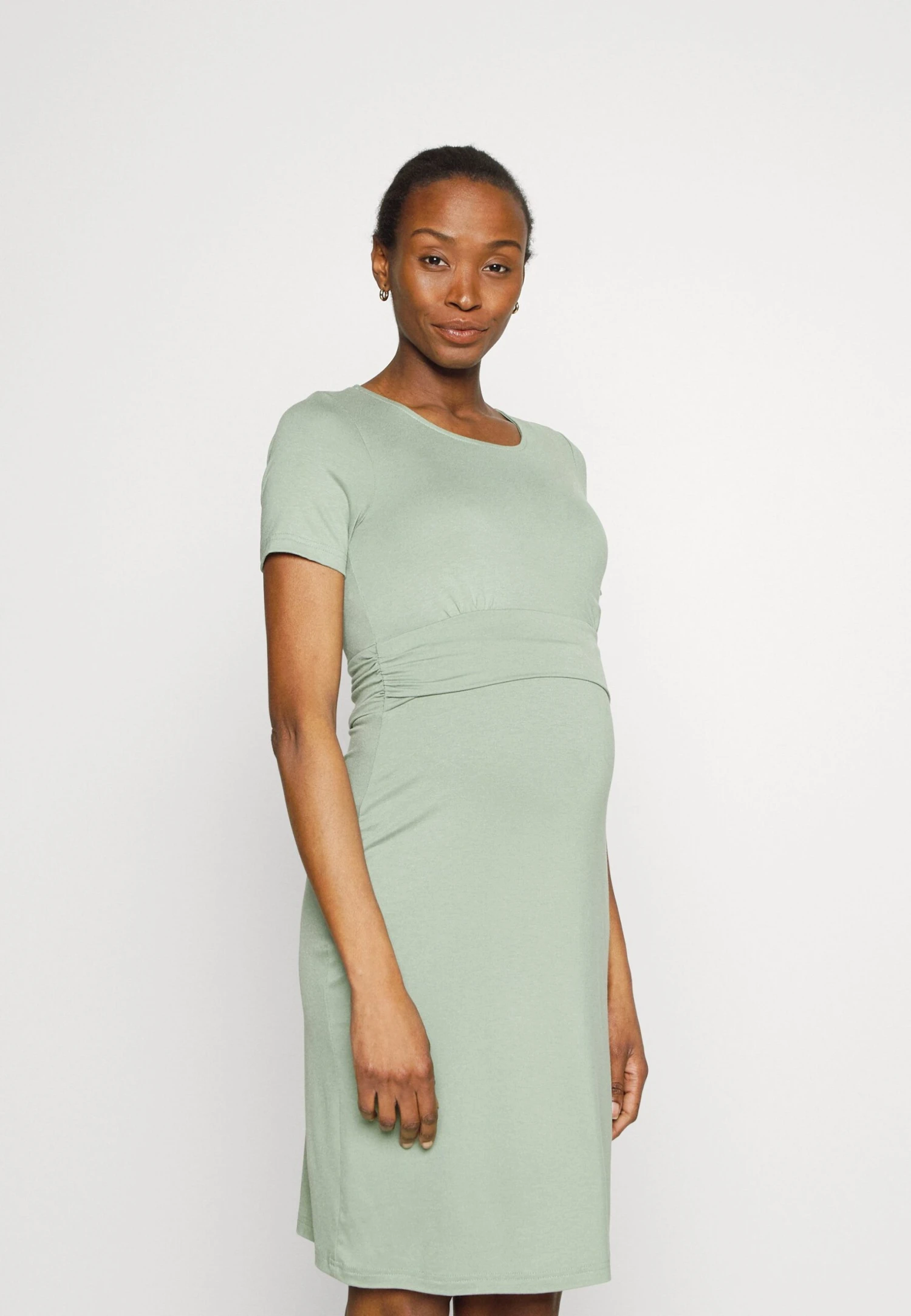 SHORT SLEEVES RUCHED WAIST MINI FLARED DRESS - Sukienka Z Dżerseju - Light Green